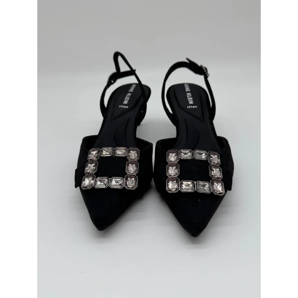Anne Klein Akinez Black‎ Crystal Buckle Slingback Kitten Heel Pumps 7M New